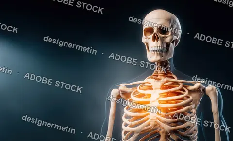 Stylized Anatomical Illustration Of Human Skeleton Upper Body With Ribcage Spine And Skull Glowing Under Spotlight