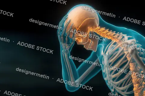 Transparent Skeleton Illustration Showing Human Anatomy With Head In Hands And Spine Illuminated Under Xray Effect