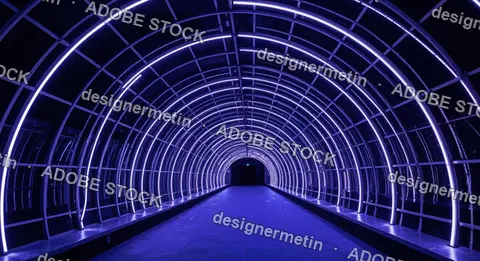 Glowing Futuristic Tunnel With Violet LED Light Arcs Forming A Symmetrical Sci-Fi Inspired Digital Corridor Space