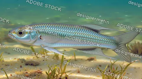 Blue Iridescent Fish Swimming In Shallow Tropical Water With Plants And Sunlit Sand Underwater Marine Background