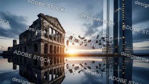 Conceptual Image Of Ancient Ruins Colliding With Glass Skyscraper Showing Contrast Between Past And Future Buildings