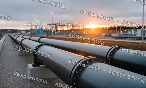 Steel Gas Pipeline System At Industrial Station During Sunrise, Symbolizing Energy Infrastructure And Power