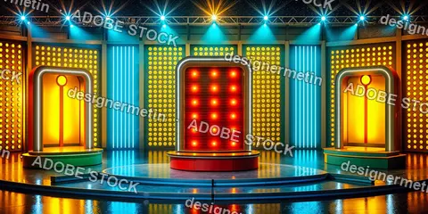 Retro Style Game Show Stage With Lights And Vibrant Illuminated Contestant Podiums For Television Production
