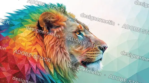 Digital Artwork Of Lion With Rainbow Mane In Polygonal Abstract Style And Bright Multicolor Geometric Background