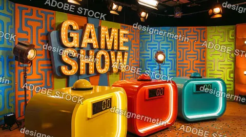 Colorful Retro Game Show Studio Set With Bright Lights Buzzers And Score Displays Ready For Contestants To Compete Live