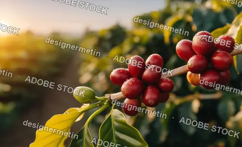 Bright Red Coffee Cherries Clustered On Branch Under Morning Sunlight In Lush Green Tropical Plantation