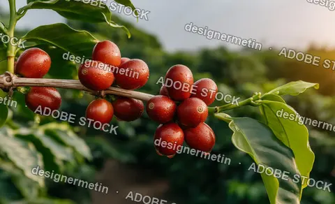 Close-Up Of Ripe Red Coffee Cherries On Branch With Water Droplets In Lush Green Plantation Sunlight
