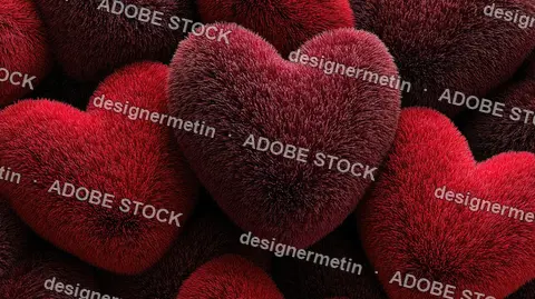 Heart Shapes Made From Soft Deep Red Fur For Romantic, Sweet, Cozy Love Or Valentine Concepts
