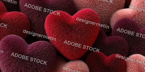Multiple Furry Red Heart Shapes Arranged For Emotional, Romantic, Luxurious Valentine Or Celebration Themed Design