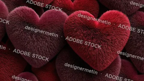 Soft Red Furry Hearts Clustered Together To Express Cozy Romance, Love, Warmth And Valentine Design Themes