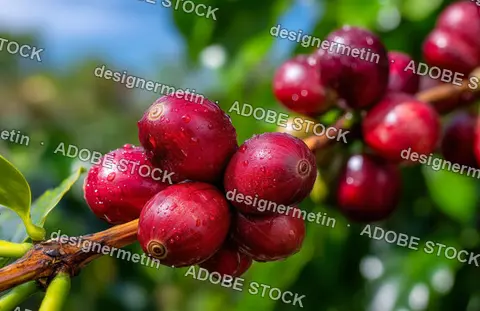 Fresh Coffee Cherries On Tropical Plantation Branch Covered In Water Droplets And Morning Sunlight