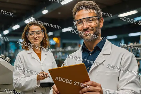 Researchers Smiling In Laboratory Wearing Safety Glasses And White Coats While Documenting Experimental Data