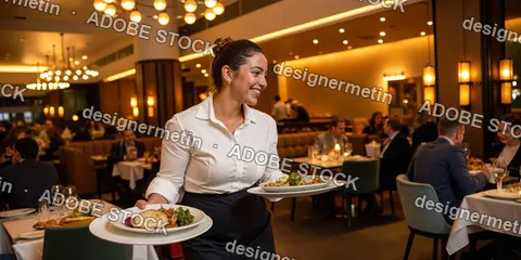 Friendly Waitress Serving Plated Meals In Modern Restaurant During Dinner Service, Hospitality And Dining Concept