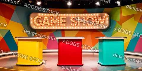 Retro Style Game Show Studio Set With Colorful Podiums And Illuminated Signage Under Bright Studio Lighting