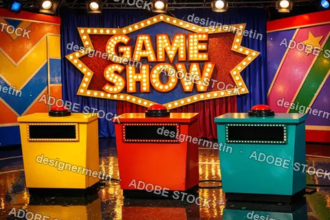 Colorful Retro Style Game Show Set With Three Contestant Podiums And Lit Signage For Television Entertainment Theme