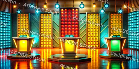 Colorful Retro Game Show Stage Featuring Podiums And Vibrant Lighting For A Dynamic Television Experience