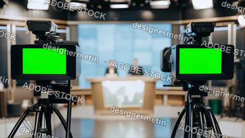 Professional Television Studio Interior With Green Screen Cameras Filming Blurred Anchors Behind News Desk