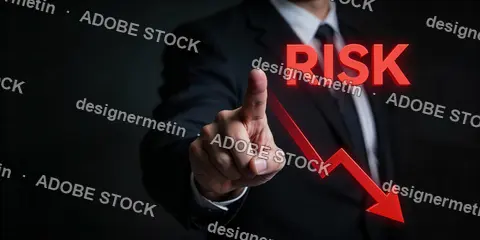Businessman Pointing At Risk Warning Sign With Red Arrow Indicating Financial Downturn Or Loss
