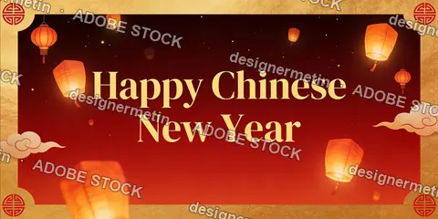 Chinese New Year Celebration With Red Lanterns, Glowing Lights And Gold Border Festive Banner Design