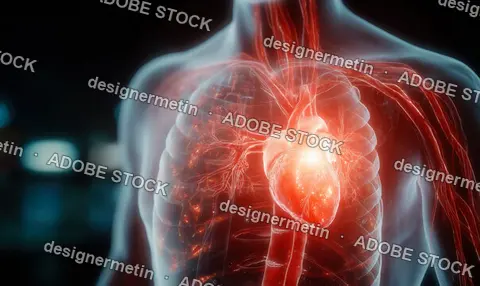 Medical Visualization Showing Glowing Human Heart And Vascular System Inside Transparent Upper Torso