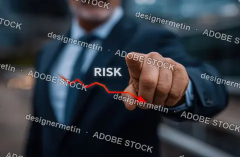 Businessman Pointing At Risk Text With Downward Arrow Showing Financial Decline In Modern Office
