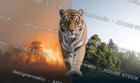 Tiger Walking Through Split Landscape Showing Forest Fire Destruction On One Side And Lush Green Jungle On Other