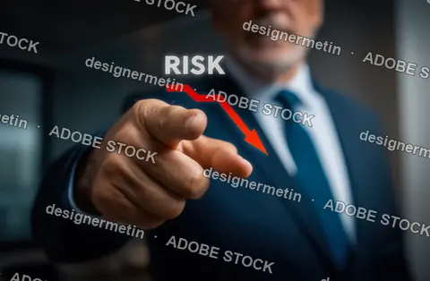 Businessman Pointing At Decreasing Risk Graph To Illustrate Concept Of Minimizing Financial Exposure