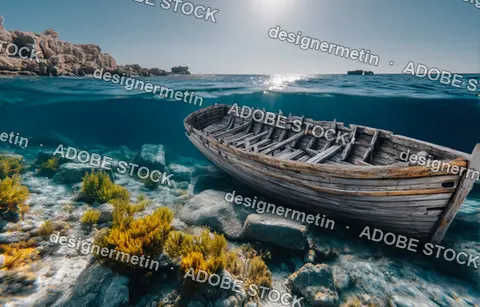 Underwater View Of Ancient Wooden Shipwreck Resting On Ocean Floor With Coral And Sunlight Above