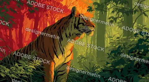Digital Illustration Of Tiger In Lush Jungle During Sunset, Dramatic Lighting And Stylized Natural Atmosphere
