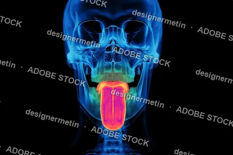 Realistic X-Ray Of Human Skull And Highlighted Tongue Structure, Medical Anatomy Science Visualization Image