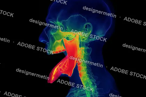 Side View X-Ray Render Of Male Skull Showing Extended Tongue, Highlighting Neck And Jaw Anatomy
