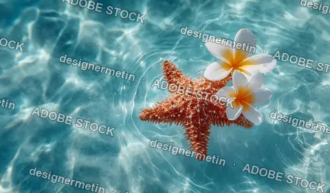 Two Frangipani Flowers And Starfish Floating On Water, Relaxing Tropical Wellness Concept With Reflections