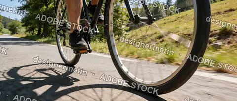 Closeup Motion Blur Of Cyclist Riding Road Bike Outdoors On Sunny Day Through Countryside Forest And Hills Landscape
