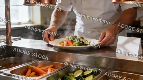 Chef Serving Freshly Steamed Carrots Broccoli And Zucchini Vegetables On White Plate In Commercial Kitchen Buffet Line