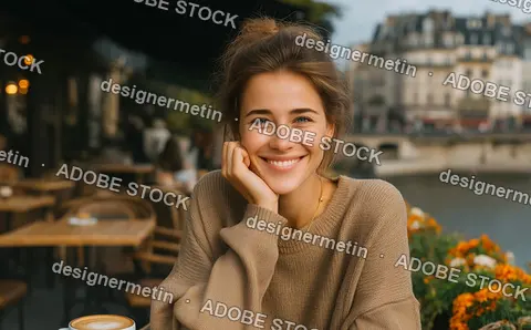 Smiling Woman Sitting At Outdoor Cafe In Charming City Enjoying Latte And Warm Stylish Clothing