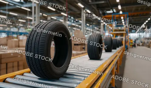 Used Car Tires Moving On Automated Conveyor Belt System Inside Modern Industrial Tire Manufacturing Factory