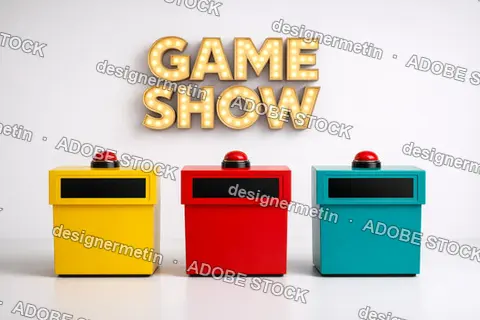Colorful Game Show Podiums With Red Buzzers And Illuminated Retro Sign On White Background In Television Studio Setup