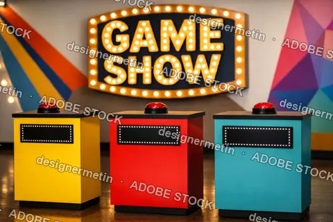 Retro Style Game Show Set With Illuminated Sign Red Buzzers Colorful Podiums And Vibrant Studio Background Design