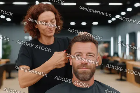Hairdresser Styling Male Client’S Hair In Modern Salon Interior, Smiling Woman Grooming With Precision And Care