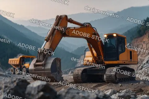 Excavator Working At Mountain Quarry Site During Sunrise With Truck In Background And Rocky Terrain