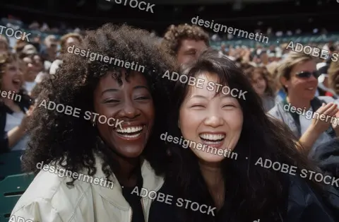 Two Women Share A Loud Laugh In A Packed Stadium, Surrounded By Energetic Fans Enjoying The Event