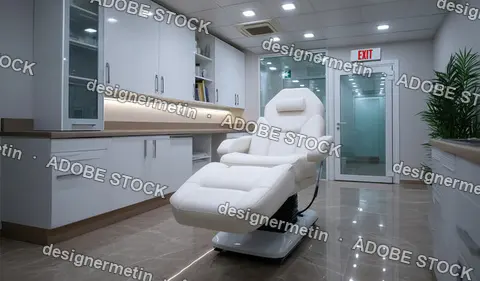 Futuristic Skincare Treatment Room With Reclining White Chair, Glossy Cabinets, Clinical Spa Interior Design