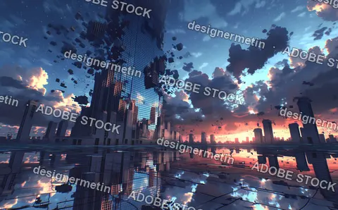 Cinematic Digital Skyscraper Dissolving Into Particles At Sunset In Surreal Futuristic City Skyline Reflection