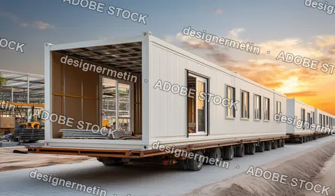 Prefabricated Modular Building On Construction Trailer In Industrial Site With Sunset Sky And Steel Framework