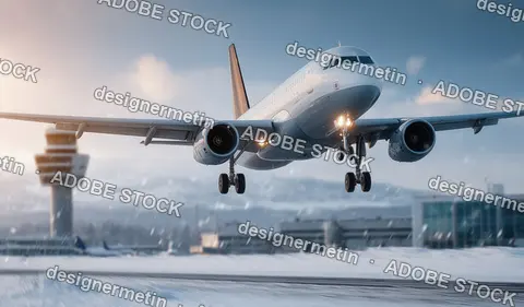 Airplane On Snowy Airport Tarmac During Heavy Snowfall With Blurred Ground Staff And Snowy Surroundings