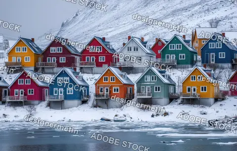 Colorful Wooden Houses On Snowy Riverbank With Mountain Backdrop During Winter In Scenic Arctic Village