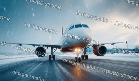 Commercial Airplane Taking Off On Snowy Runway With Dramatic Sky And Terminal Buildings In Winter Weather