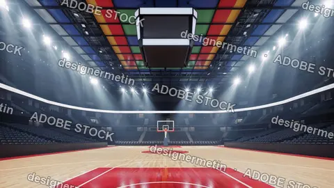 Indoor Red Basketball Court With Spotlight Ceiling Panels, Ready For Game Action And Professional Events