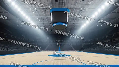 Modern Indoor Basketball Court With Bright Lights And Empty Seats, Ready For Major Sports Event