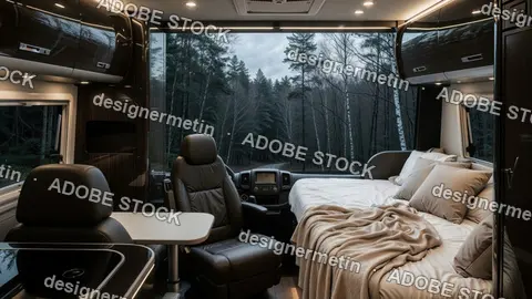 Modern Camper Van Interior With Cozy Bed Dining Area And Scenic Forest Road View For Travel Lifestyle Freedom Concepts